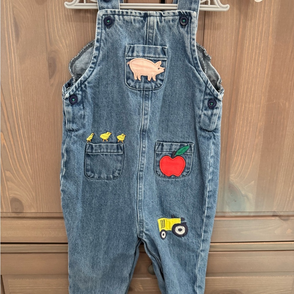 Denim Blue Kids Overalls with Farm Applique - Apple, Pig & Tractor 6-12m